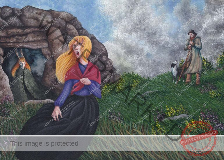 Commissioned Traditional Artwork and Illustration – celtic folklore, Irish fairytales – A young lady sing outside the tombs under the gaze of the fairy king