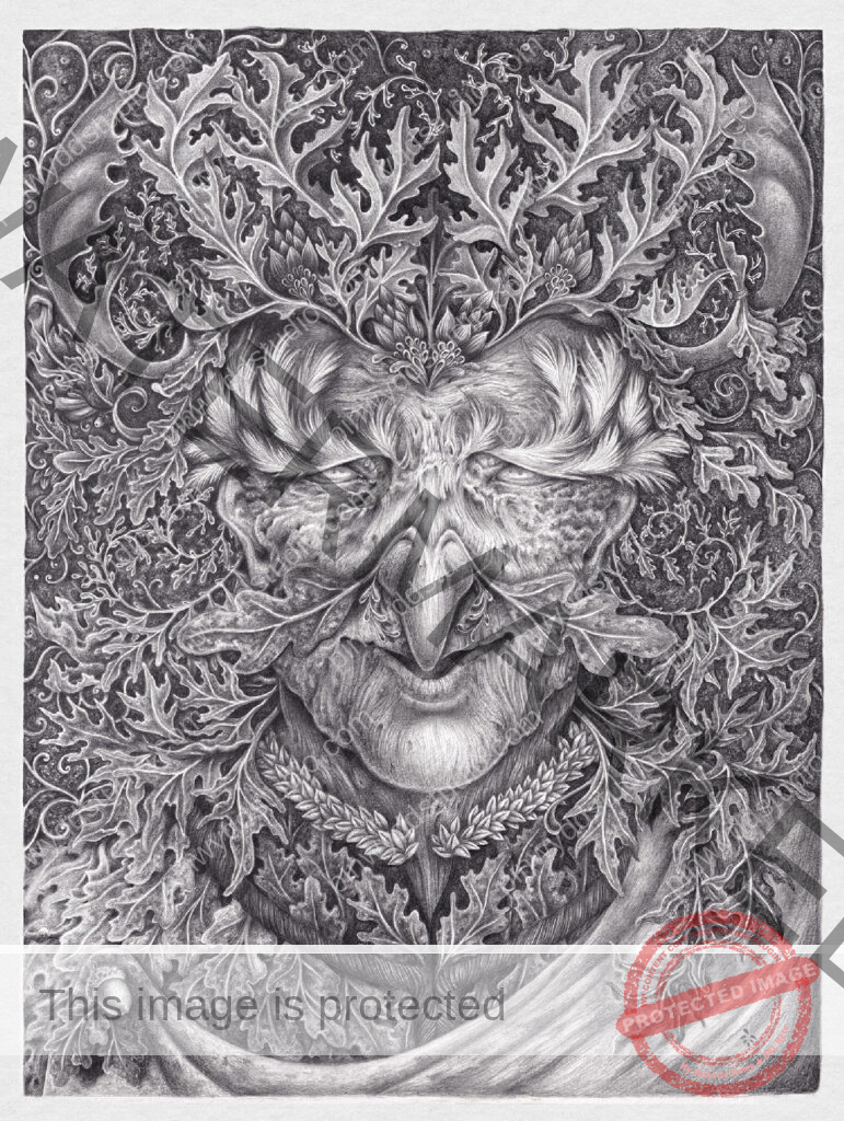 The autumn crone - graphite illustration, welsh folklore, the cailleach, green man, ornament, botanical